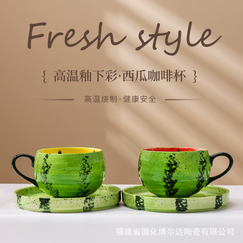 Cross-border high-value Japanese hand-painted underglaze watermelon coffee cup and saucer set, office home breakfast cup customization